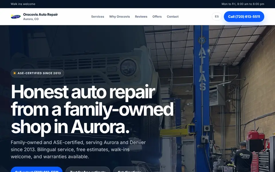 Orocovis Auto Repair homepage, with call and text buttons up top.
